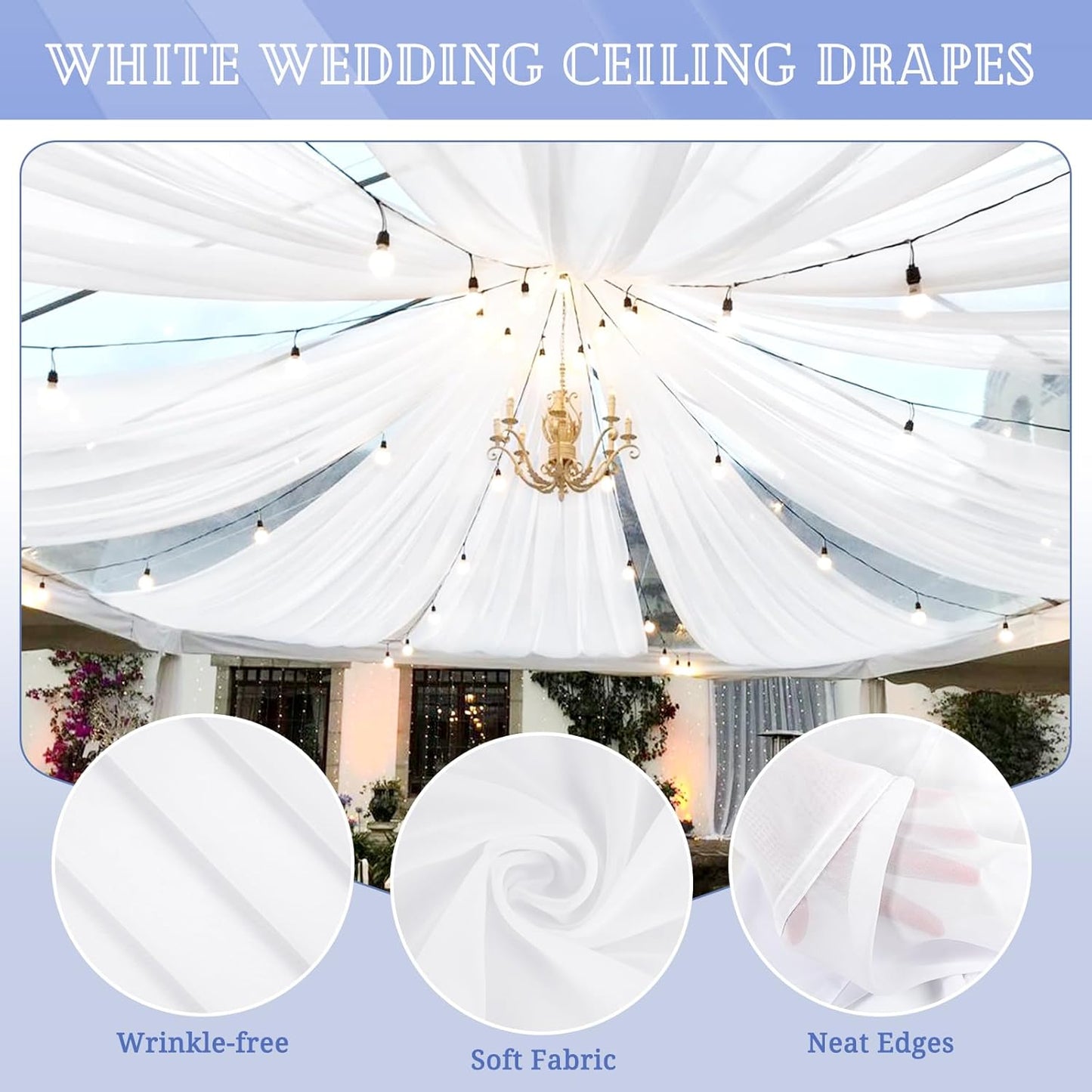 8 Panels White Ceiling Drapes for Wedding 5ftx20ft Chiffon Fabric Arch Draping Curtains for Party Ceremony Birthday Baby Shower Reception Stage Ceiling Decorations