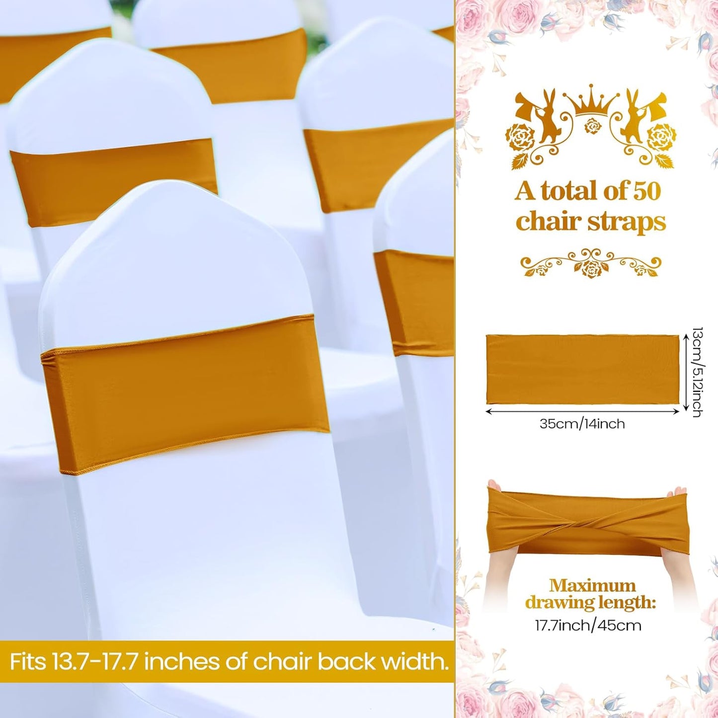 Kinlop 50 Pcs Spandex Chair Sashes Bows Chair BB0C3V65Z6Tands Slider Sashes for Covers Elastic Bands Ties Without Buckle Decorations for Wedding Party Events Ceremony Birthday(Mustard Yellow)