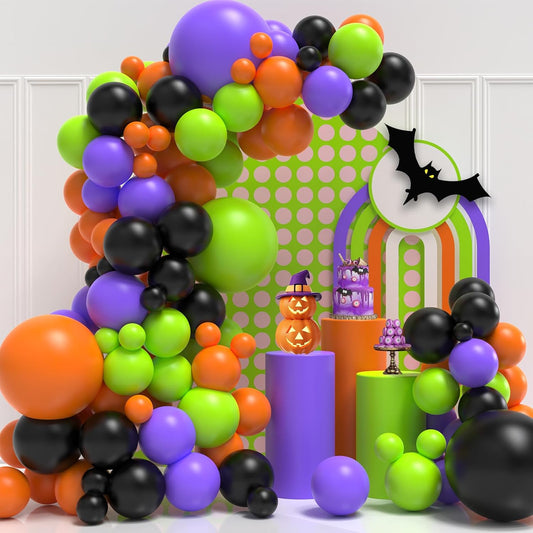 Halloween Balloon Arch Garland Kit, 124pcs Black Purple Orange Green Latex Balloons Arch for Birthday, Halloween Decorations