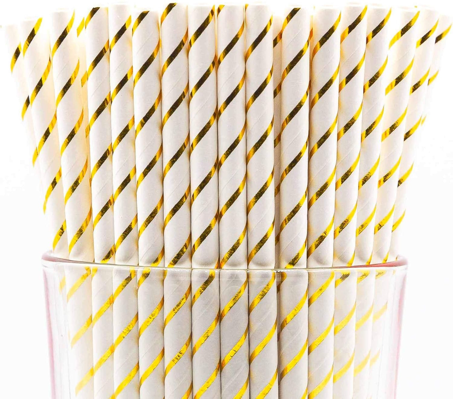 Pack of 300 Gold Foil Stripes Biodegradable 4-Ply Paper Drinking Straws (Compostable, Non-toxic, BPA-free)