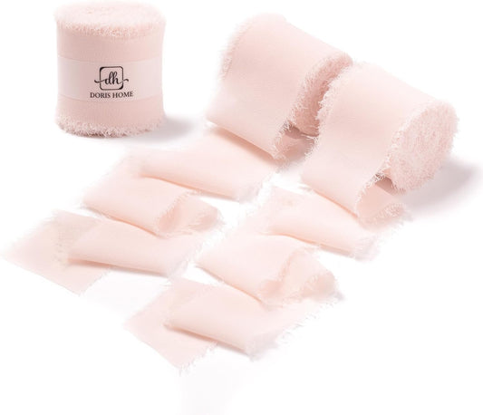 DORIS HOME Pink Chiffon Ribbon for Flower Bouquet, 2" x21Yd Fabric Ribbon for Gift Wrapping, Handmade Frayed Ribbon for Wedding, Chiffon Silk Ribbon for Christmas Decorations