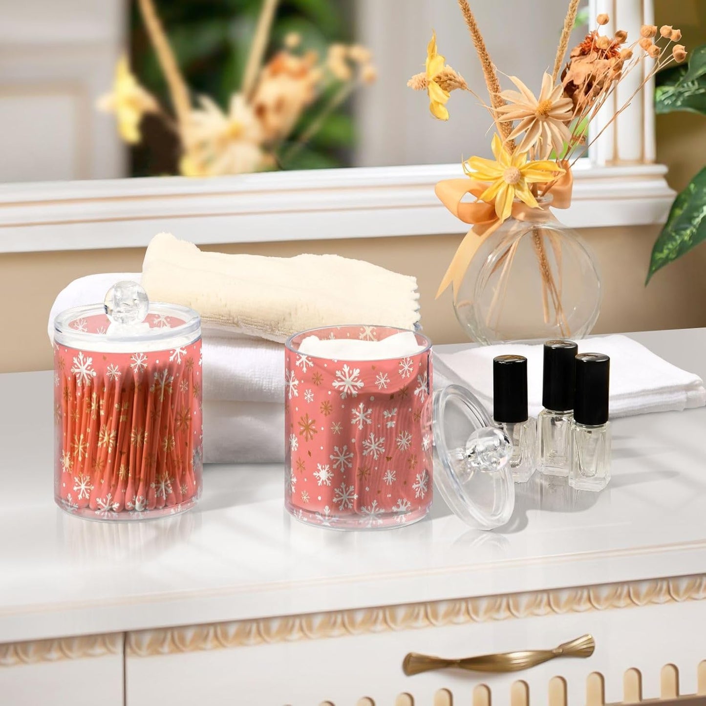 Gredecor 2 Pack Qtip Holder Clear Christmas Golden Pink Snowflakes Apothecary Jars with Lids Acrylic Christmas Winter Bathroom Jars Vanity Canister Storage Organizer for Cotton Ball,Swabs,Pads,Floss