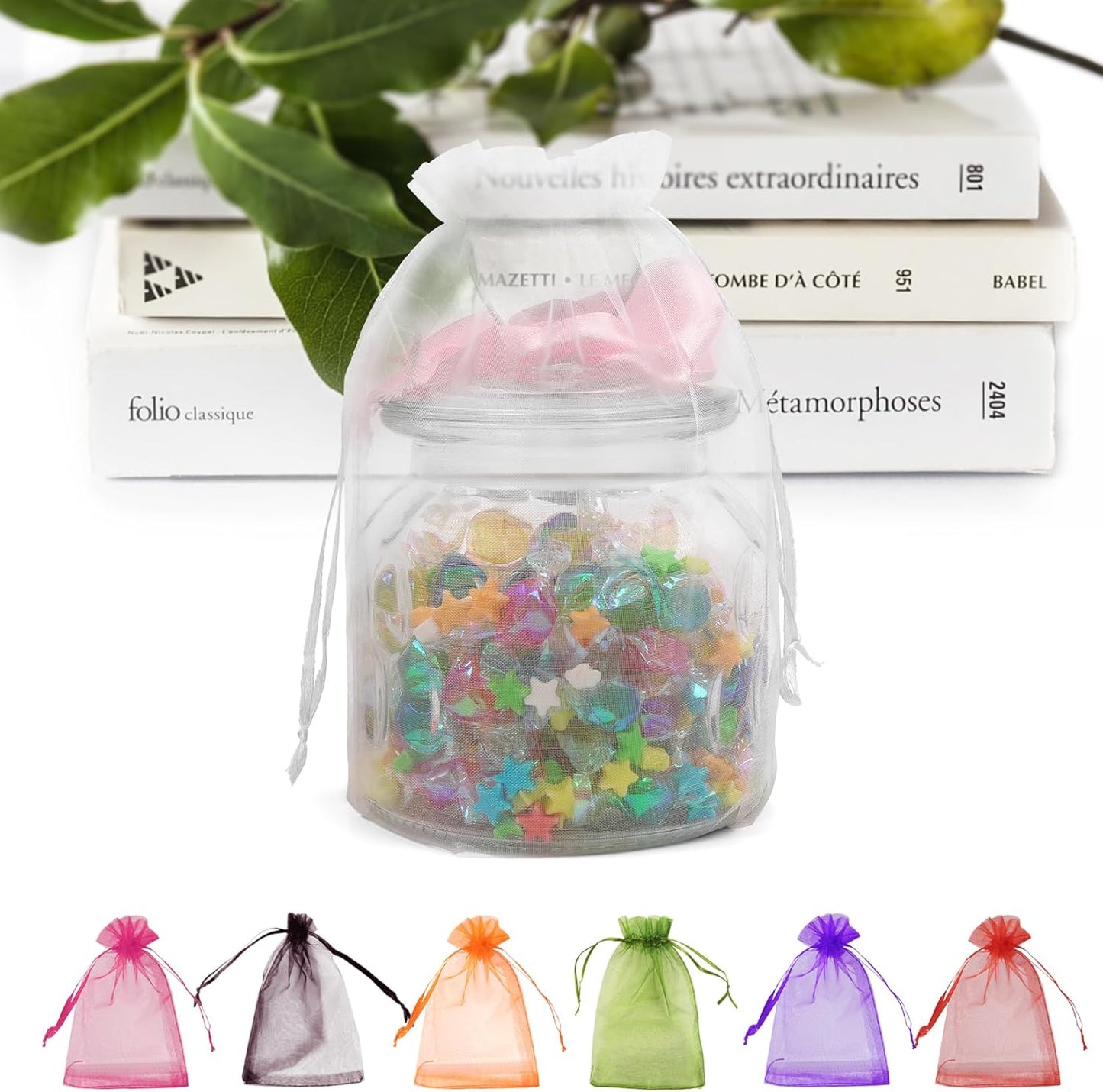 ANZNKU 50 Pack White Organza Bags 6x9 inch(17x23cm), Organza Gift Bags Mesh Drawstring Bag, Premium Sheer Mesh Bag for Gifts Wedding Party Christmas Favor