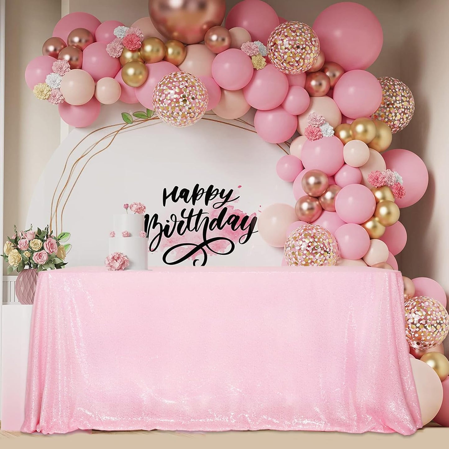 SquarePie Sequin Tablecloth 60 x 102 Inch Pink Sparkly Table Linen for Wedding Party