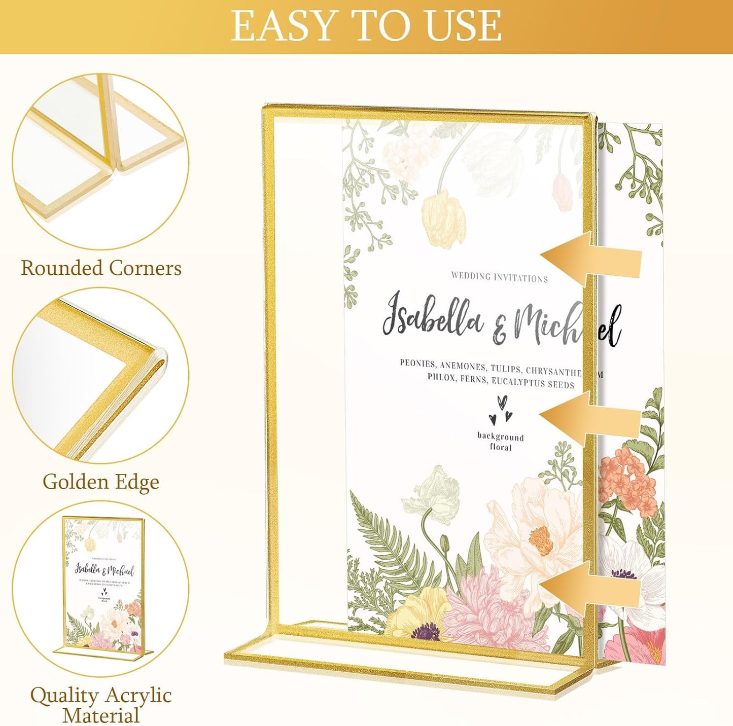 Hoteam 24 Pack 5 x 7 Clear Acrylic Sign Holder with Gold Borders, Gold Picture Frame, Double Sided Wedding Table Number, Acrylic Menu Stands for Wedding Table, Restaurant Sign, Photos Display
