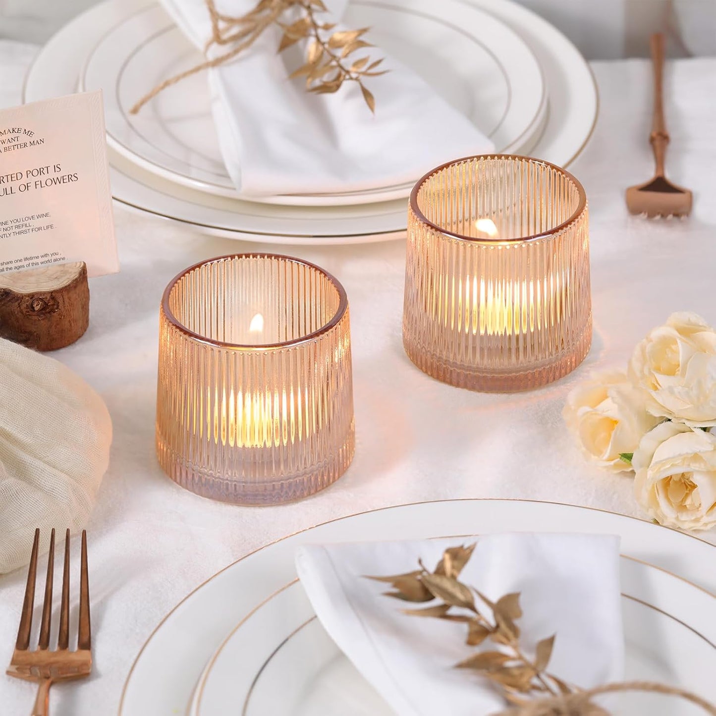 DARJEN Gold Ribbed Tealight Votive Candle Holders Set of 10- Tea Light Candle Holders Glass for Table Centerpiece, Votive Candle Holders for Home, Wedding & Fall Decor