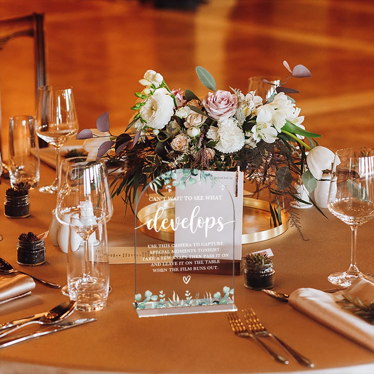 Acrylic Wedding Sign Can't Wait to See What Develops Signs for Ceremony Modern Calligraphy Arch Acrylic Table Top Signs for Wedding Reception and Event Party Table Decor (Eucalyptus Leaves)