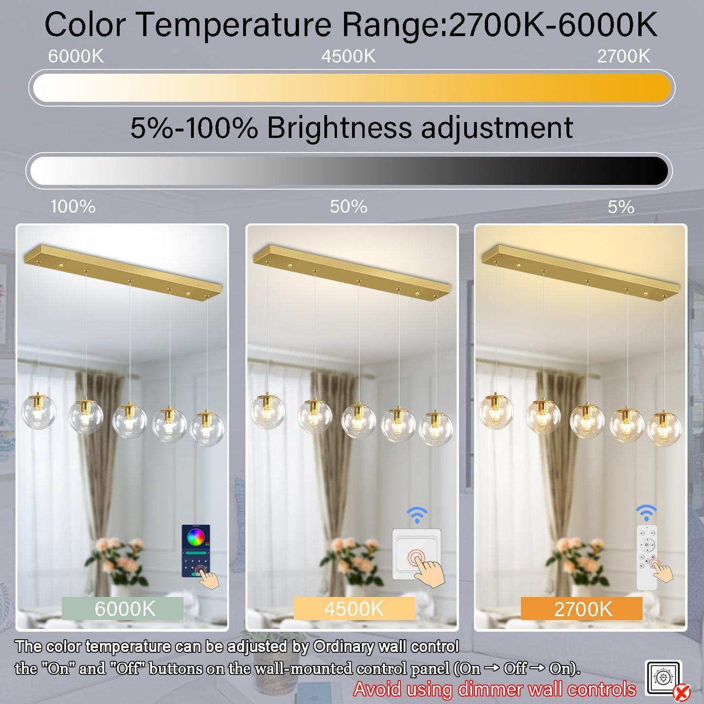 5-Lights Modern Rectangle Chandelier Globe Pendant Light,Gold Linear Globe Chandeliers for Dining Room and Kitchen Island