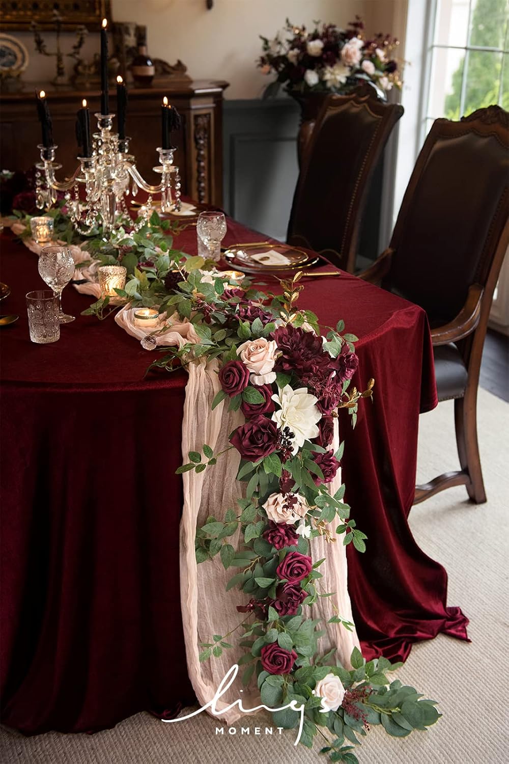 Ling's Moment Flower Garland - 6FT Eucalyptus & Rose - Sweetheart Table Decor for Wedding Reception, Artificial Floral Garland for Mantle, Thanksgiving, Christmas Decoration, Marsala & Blush