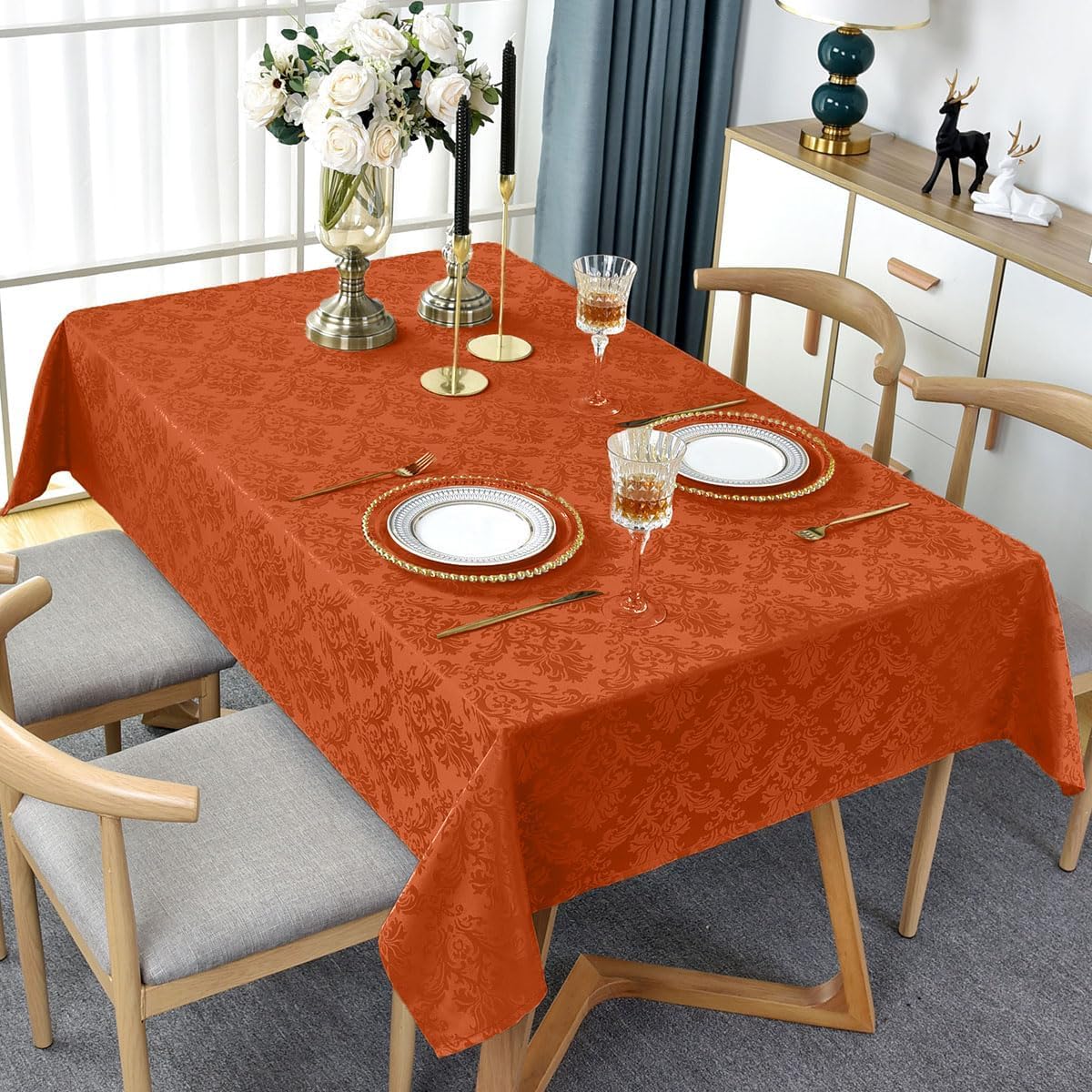 Jacquard Tablecloth Rectangle 60 x 84 Inch, Spill Proof Anti-Shrink Damask Autumn Table Cloth, Durable Polyester Table Cover for Fall, Harvest, Thanksgiving, Holiday, Rusty/Orange