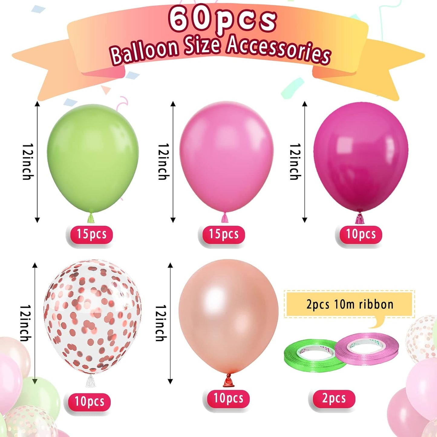 Paready Tropical Party Green Pink Balloons, 60 Pcs 12 Inch Green Hot Pink Rose Gold Confetti Balloons for Hawaiian Luau Theme Party Flamingo Wild Birthday Baby Shower Wedding Decorations