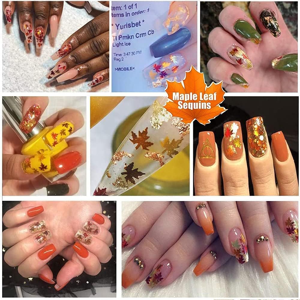 Maple Leaf Shape Glitter Fall Nail Art Sequins,3D Metallic Red God Orange Yellow Mixed Design Confetti Maple Spangles for Women DIY Manicure Kit Decorations Salon Accessories 2 Bags