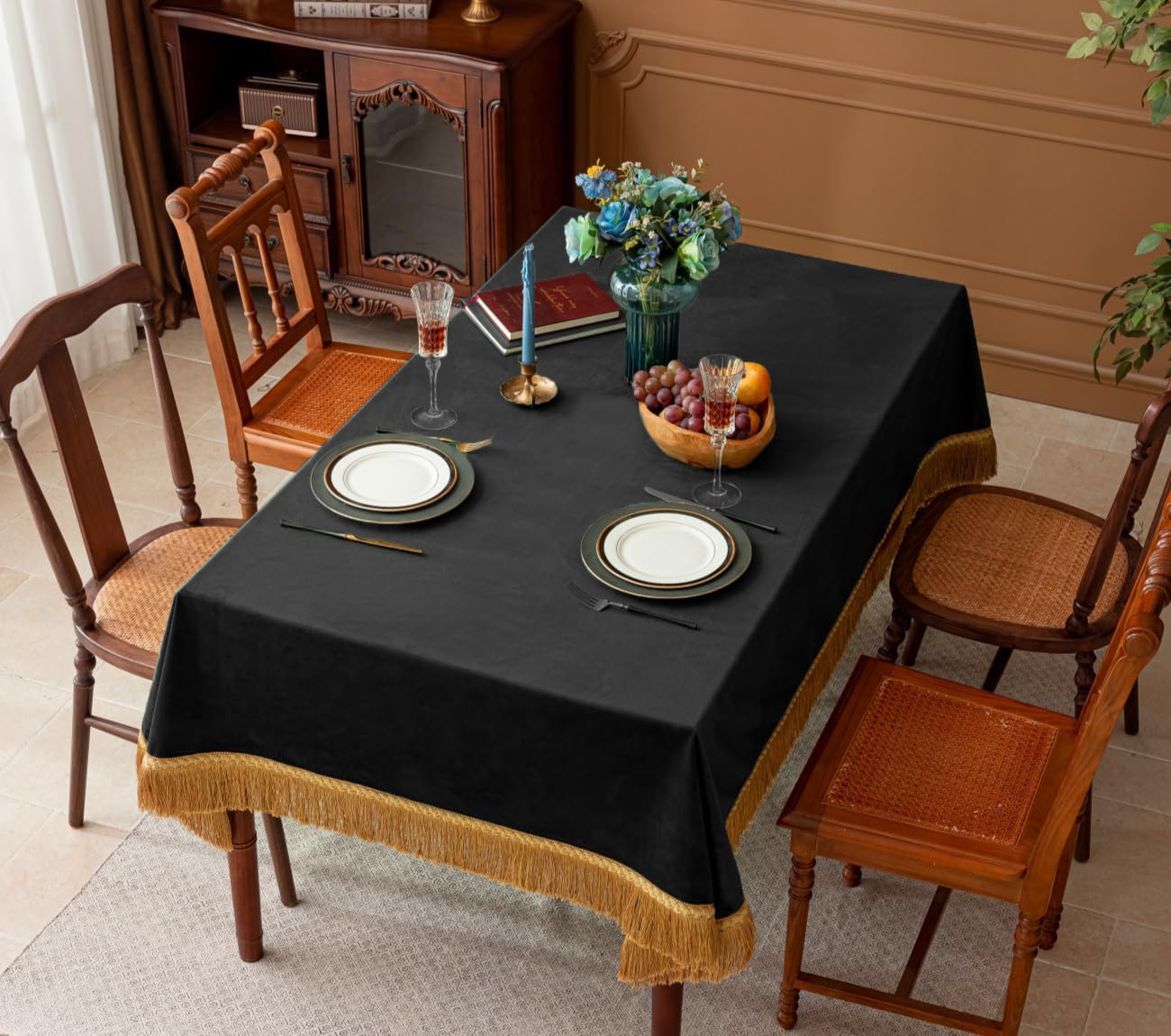 F-CHU Luxury Black Tablecloth Thickset Velvet Tablecloth with Beautiful Gold Tassels Table Cloth for Home Decor Wedding, Party, Banquet and Events 60x70-Inch
