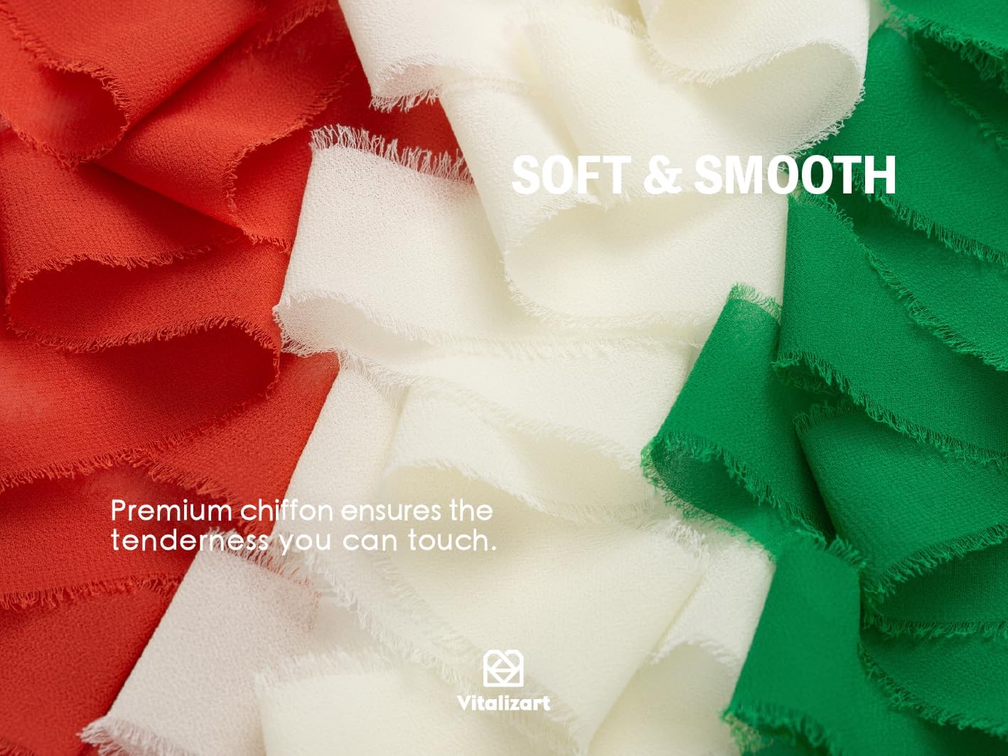 Vitalizart Christmas Handmade Chiffon Silk Ribbon Fringe 1.5" x 21 Yd Frayed Edges Ribbons for Wedding Invitations Bridal Bouquets Gifts Wrapping Crafts Holiday Decorations Red Green White
