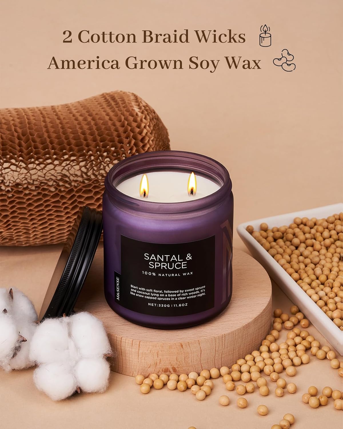 M&SENSE Sweet Spruce Scented Candle, 11.6oz Natural Soy Wax Up to 70 Hours, 2 Cotton Wick Candle for Winter Holiday Woody Scent Housewarming Gifts for Family Friends Teachers