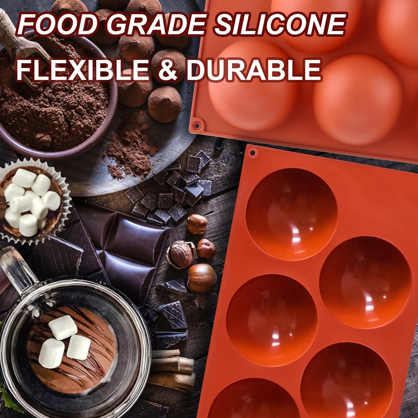 3 Pack Extra Large 5-Cavity Semi Sphere Silicone Molds, Half Sphere Baking Mold Non-Stick for Making Big Size Hot Chocolate Bomb, Jelly, Cake, Dome Mousse
