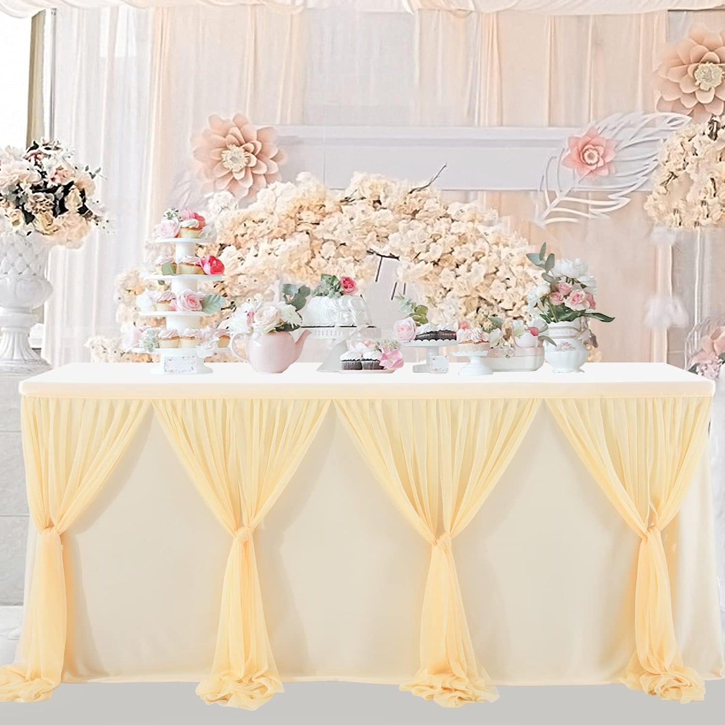 6ft Champagne Table Skirt for Rectangle Tables or Round Tables Champagne Tutu Tulle Table Skirt Cloth for Wedding Baby Shower Birthday Party Dessert Buffet Banquet Decorations