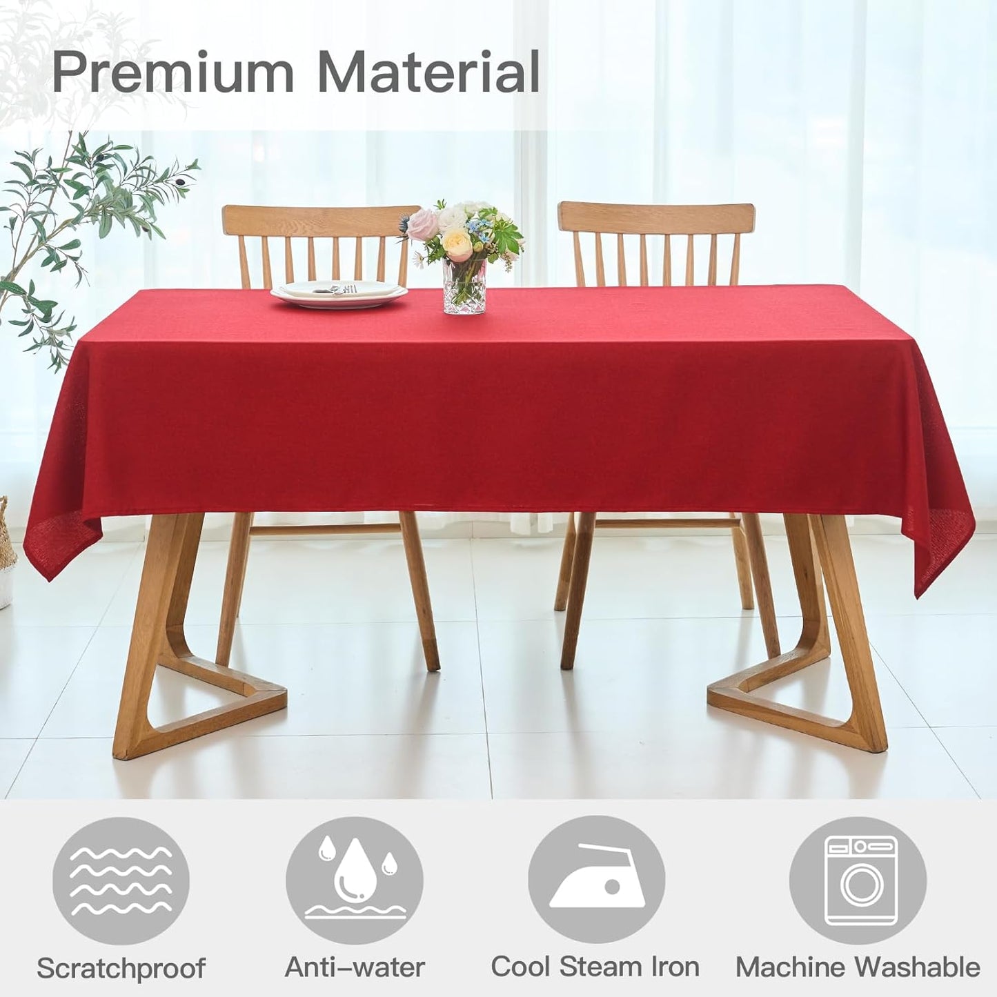 maxmill Linen Texture Tablecloth Stain Resistant Waterproof Wrinkle Free Spillproof Washable Slubby Texture Christmas Table Cloth for Dining Room, Holiday Party Dinner, Rectangle 60 x 140 Inch, Red