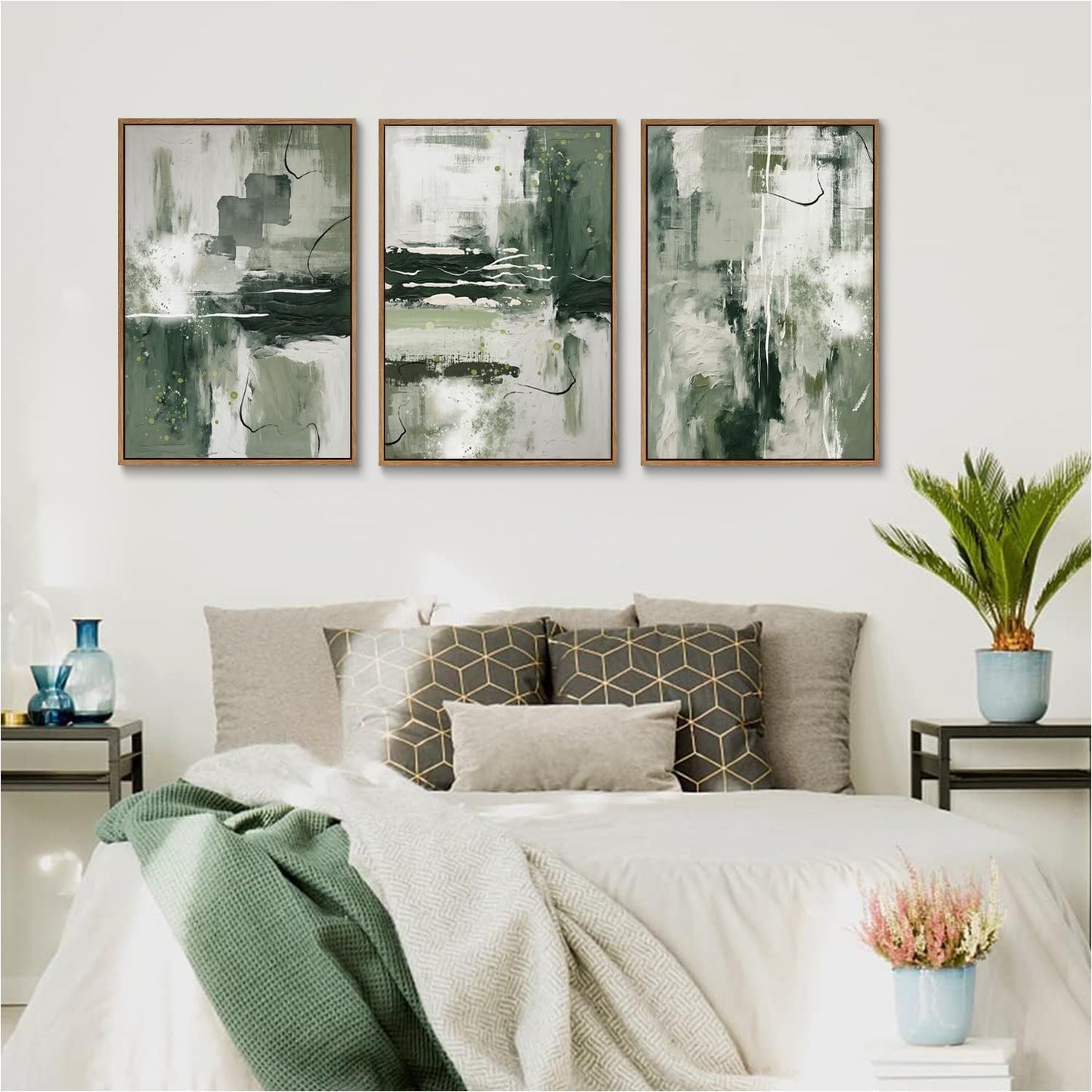 myusuar 3 Piece Large Modern Abstract Canvas Framed Wall Art For Living Room, Sage Green Minimalist Wall Art Decor Posters Prints For Bedroom Office, 16x24in