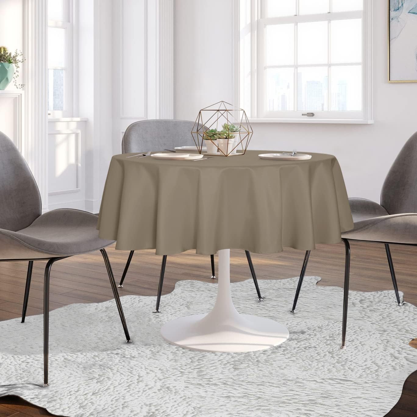 sancua Round Tablecloth - 60 Inch - Water Resistant Spill Proof Washable Polyester Table Cloth Decorative Fabric Table Cover for Dining Tables, Buffet Parties and Camping, Taupe
