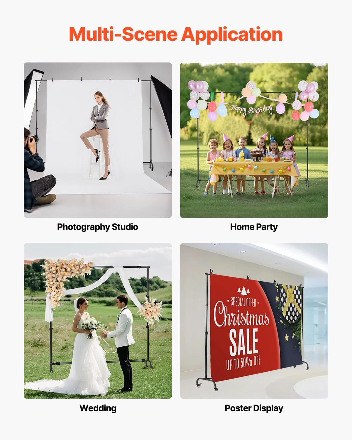 VEVOR Backdrop Stand with Wheels, 7 x 10 ft Adjustable Photo Backdrop Stand Kit, Moveable Background Backdrop Stand, Heavy Duty Projector Screen Stand, for Wedding, Photo Studio & Party