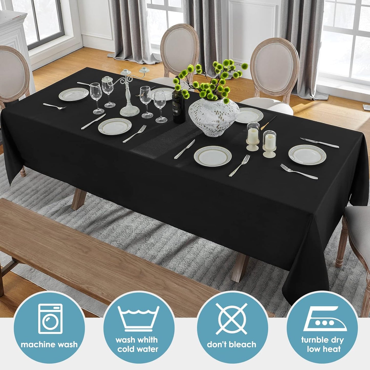 VidaFete Tablecloth 60 * 102inch 2pack Rectangle Table Cloth Polyester, Stain Wrinkle Resistant Dining Table Cover for Kitchen Dinning Party Wedding Rectangular Tabletop Buffet Decoration(Black)