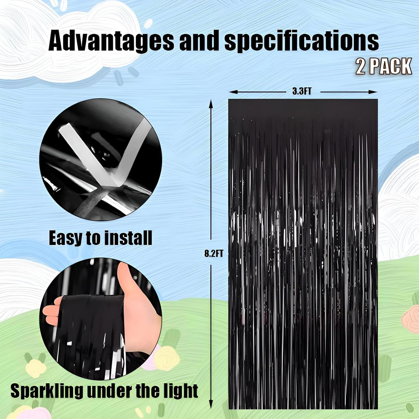 Keyali 2 Pack 3.3 * 8.3 ft Foil Curtain Metallic Tinsel Fringe Curtains Photo Booth Props Backdrop for Birthday Wedding Engagement Baby Shower Christmas Holiday Celebration Partyl,Black