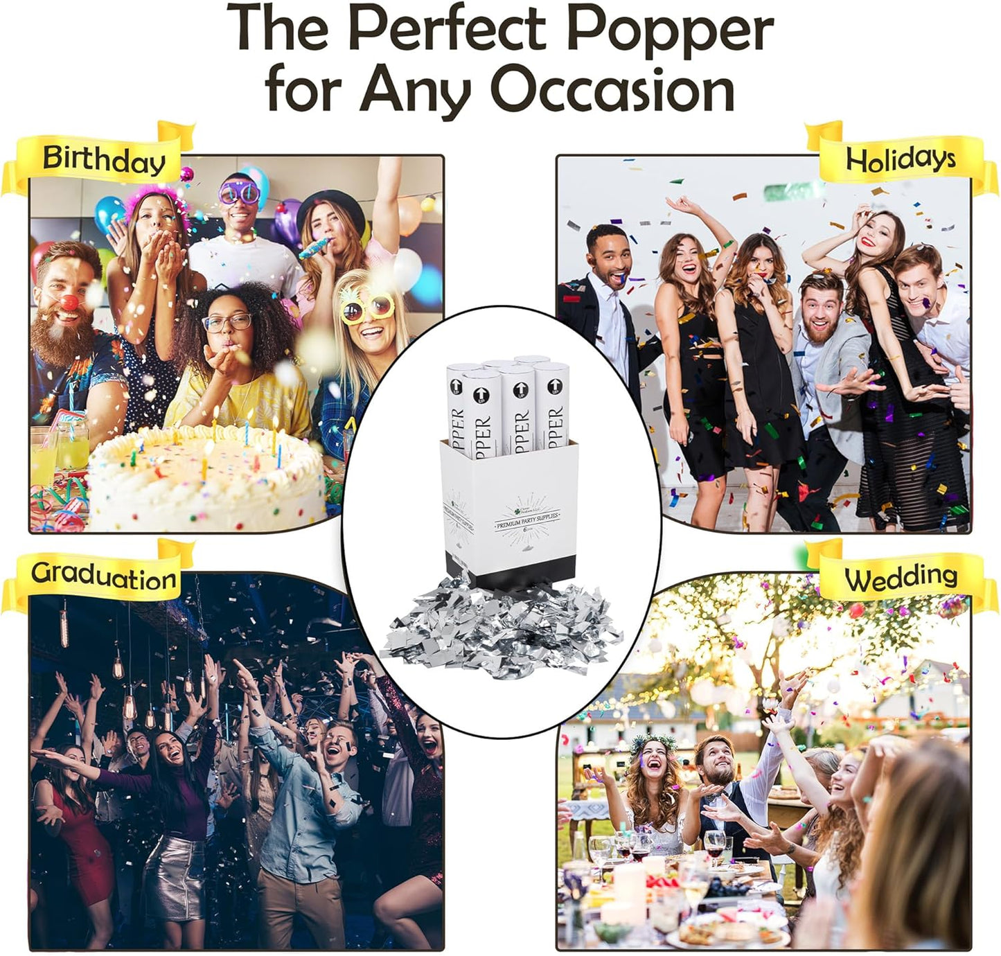 Confetti Cannon 12" – 6 Pack Silver Mylar Confetti Poppers | Party Poppers for Weddings, Birthdays, Graduations & Events | Air-Powered, Safe & Easy to Use | Shoots 25 Feet Indoor & Outdoor