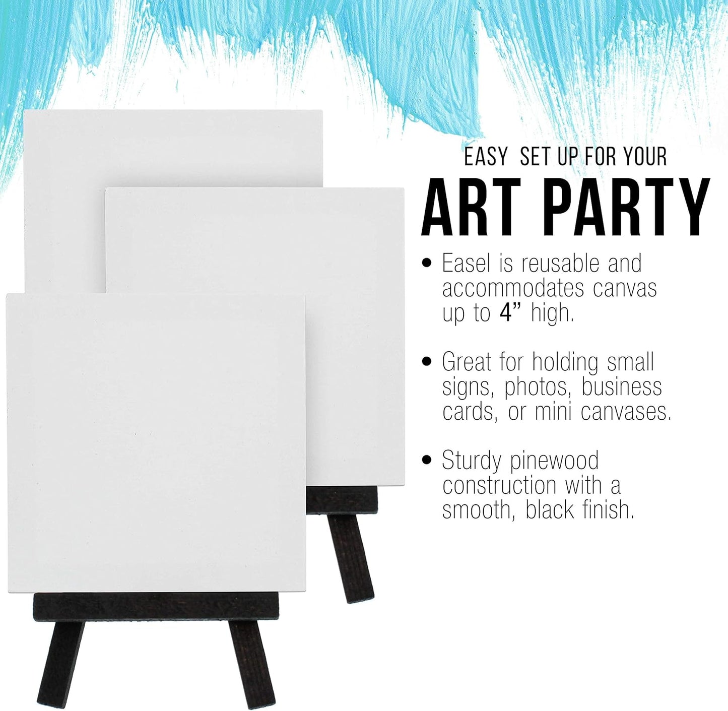 U.S. Art Supply 3" x 3" Stretched Canvas with 5" Mini Easel Kit (12 Pack) - Black Wooden A-Frame Tabletop Display Stand, Mini Easel Stand - Small Easels for Display, Small Canvases, Crafts, Photos
