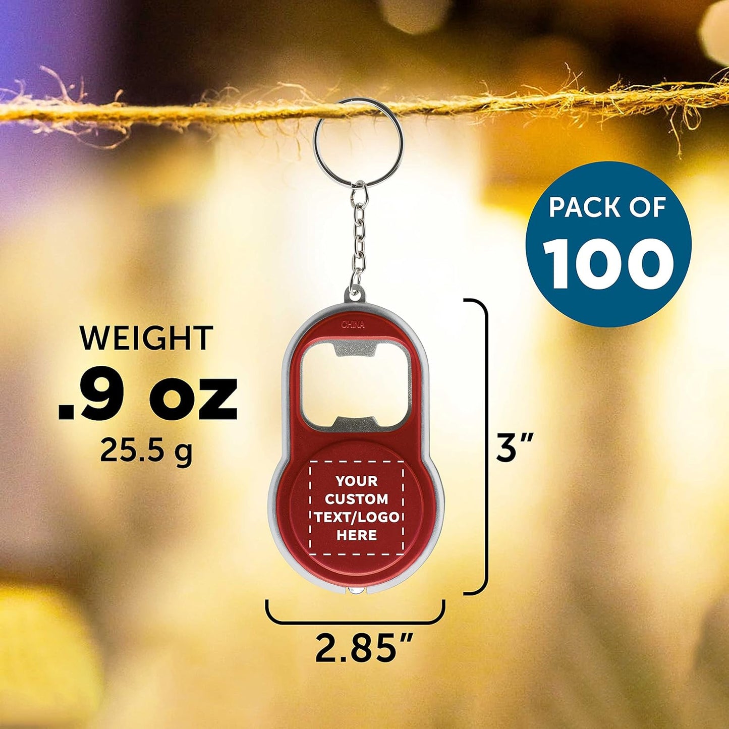 DISCOUNT PROMOS Custom Bottle Opener & LED Keychains Set of 100, Personalized Bulk Pack - Perfect for Tradeshows, Party Favors, Other Events - Red