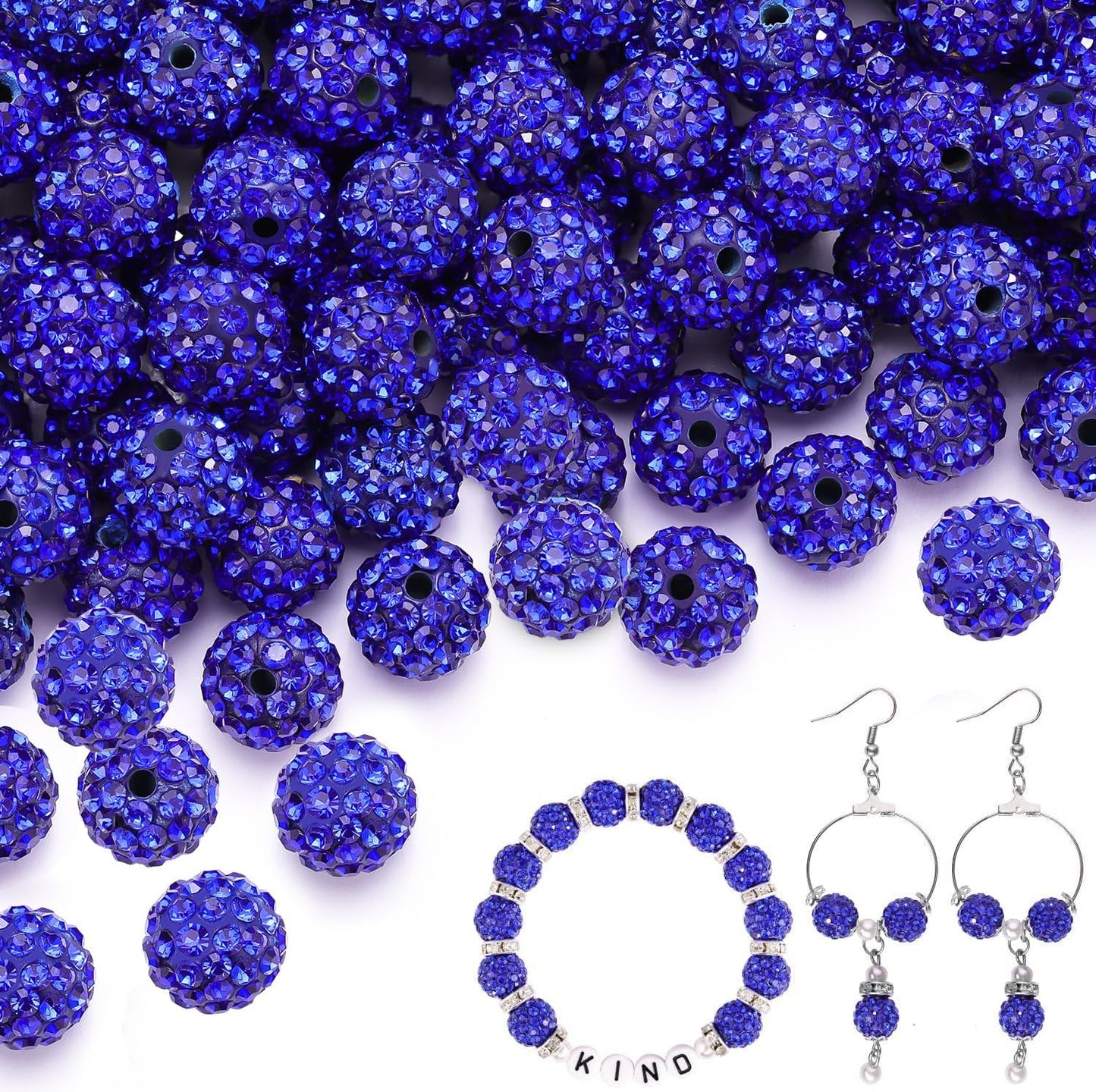 200pcs 10mm Dark Blue Rhinestone Beads for Jewelry Making, Shiny Round Shamballa Disco Ball Beads Bulk, Sparkle Crystal Clay Christmas for Bracelet Baseball Necklace Earring Crafting and DIY