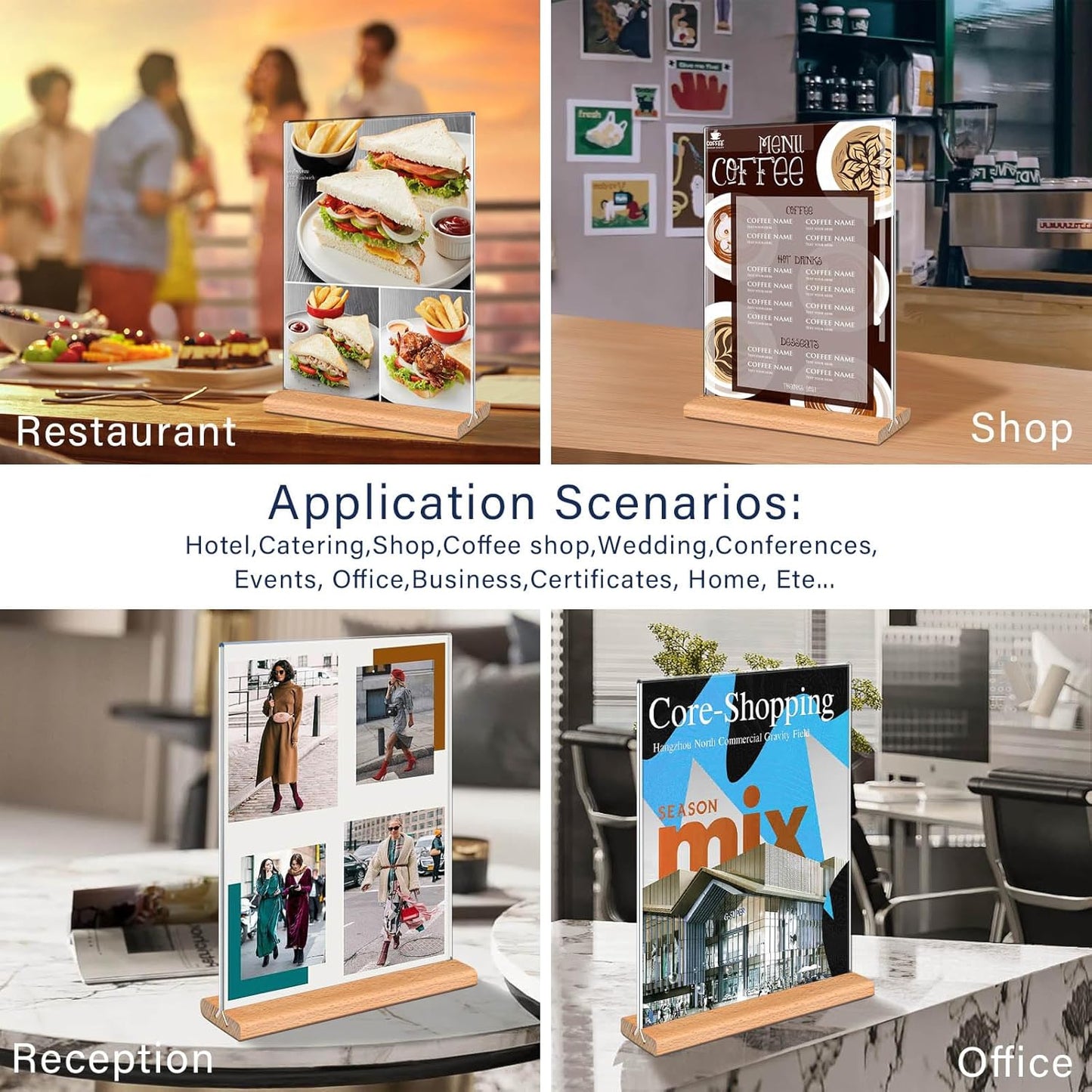 Kersally Acrylic Sign Holder 8.5 x 11, 3 Pack Double-Sided Clear Table Display Stands with Wood Base,Vertical Acrylic Frame Menu Flyer Paper Holder for Stores, Restaurants, Hotels, Office, Show Fair