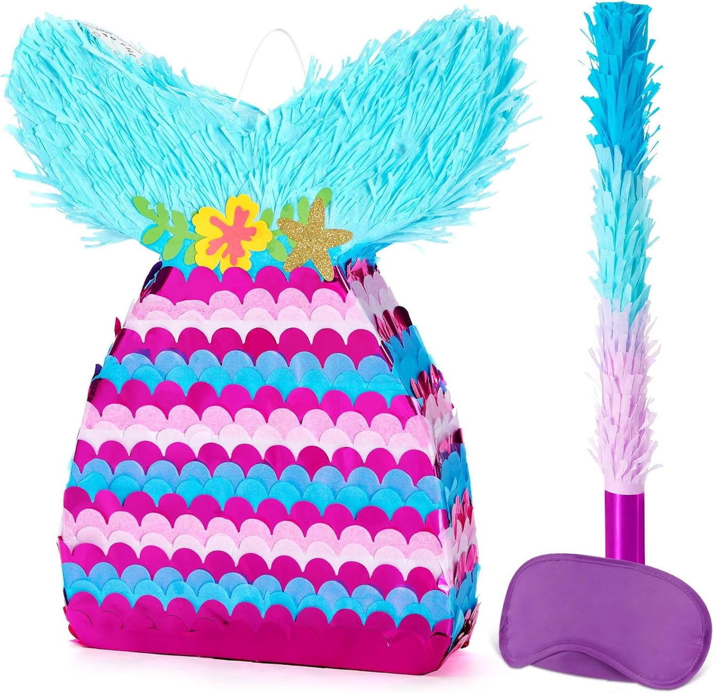 WERNNSAI Mermaid Piñata - Mermaid Party Games Decorations Mermaid Tail Piñata with Blindfold and Bat for Girls Kids Under the Sea Themed Birthday Party Supplies (12.5" x 16.5" x 3")