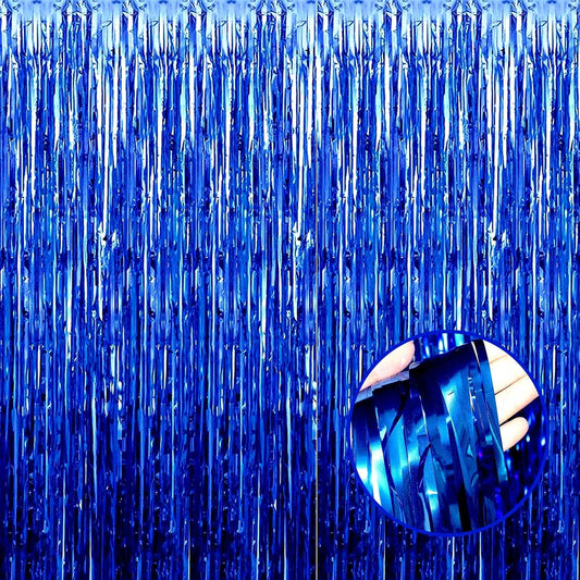 4 Pack Blue Foil Fringe Curtain Backdrop, 3.28Ftx8.2Ft Metallic Tinsel Streamers for Sea Party, Photo Booth Props, Birthday, 2022 Summer Ocean Theme Party Decoration Supplies