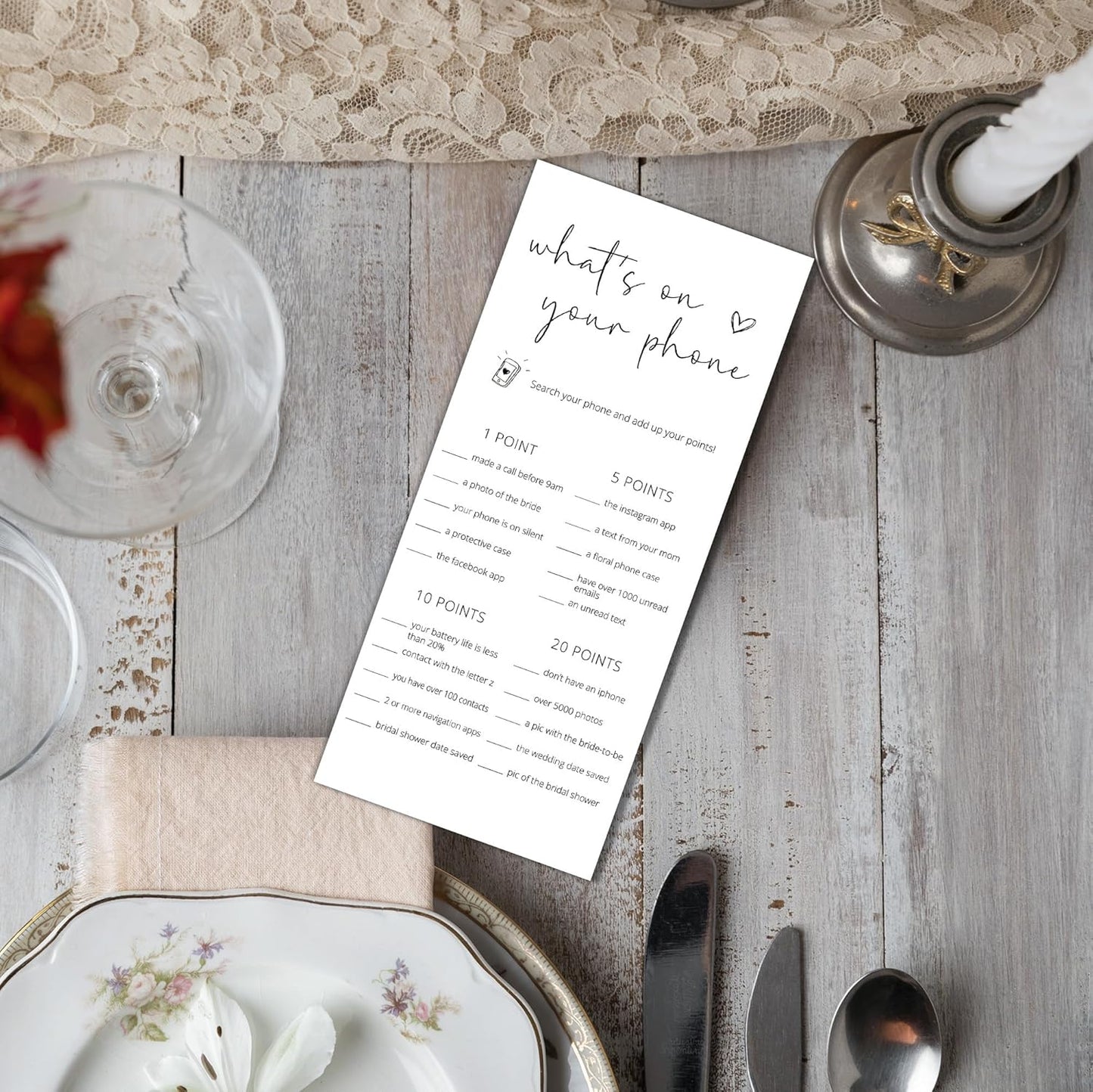 Bridal Shower Games, What's On Your Phone, 25Pcs 4x9inch Minimalist White Double-Sided Bridal Game Cards, Wedding Shower Games for Guests, Engagement Bachelorette Party Supplies - A17