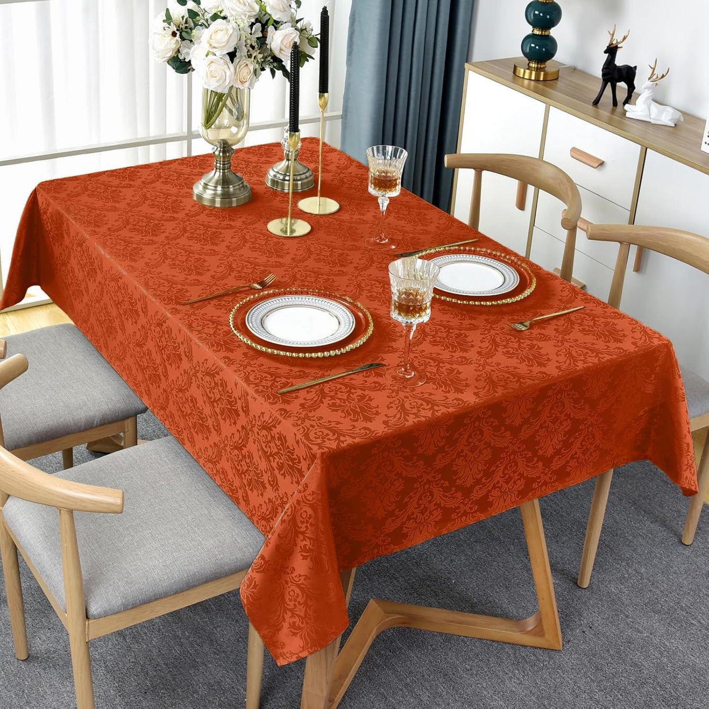 SASTYBALE Jacquard Rectangle Tablecloth, Rusty Spill-Proof Wrinkle Resistant Damask Table Cloth, Soft Polyester Oblong Table Cover for Kitchen Parties Thanksgiving - 60 x 84 Inch Rust