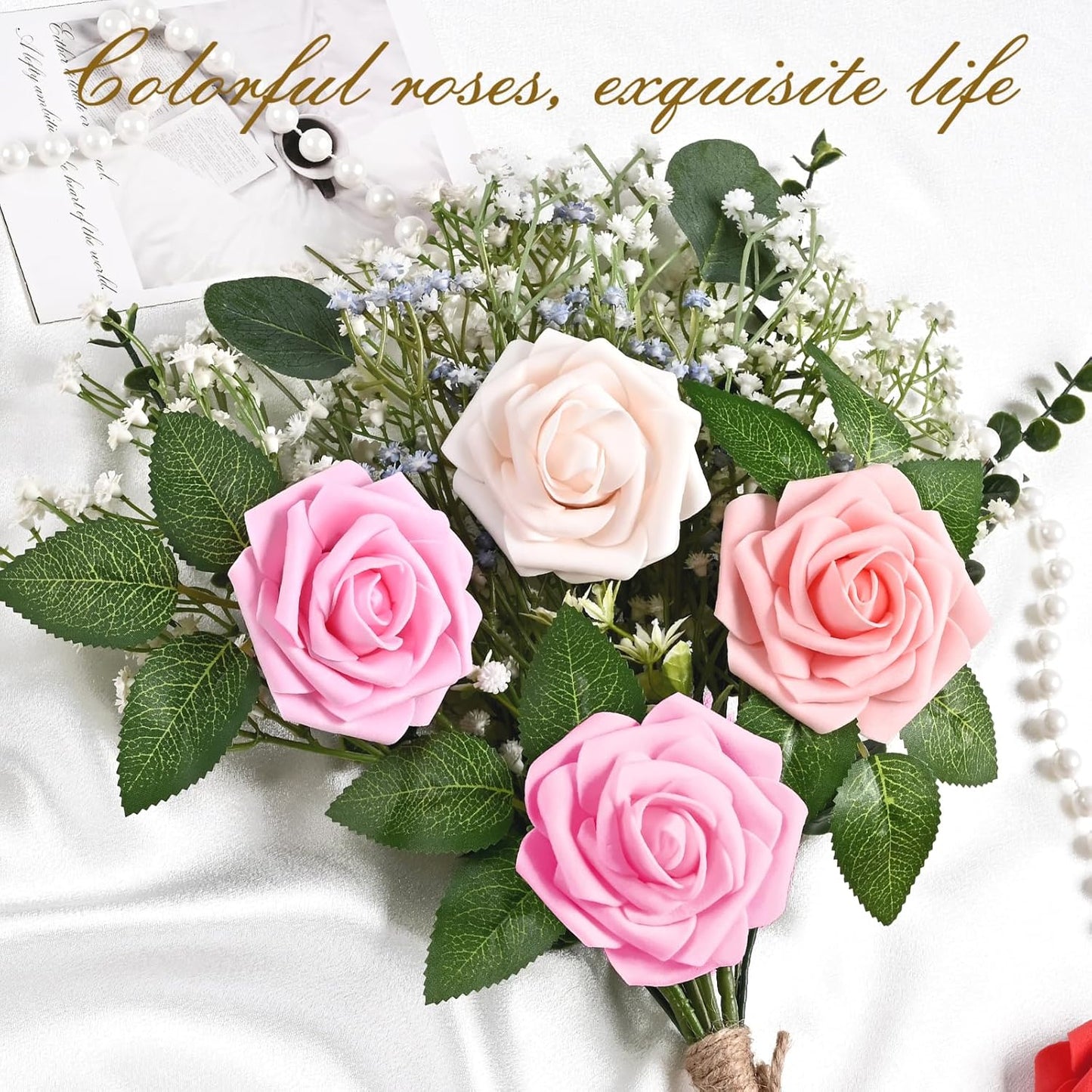 BLEUM CADE 16Pcs Artificial Flowers Fake Roses with Stems, Gradient Red & Pink Boxed Foam Roses for DIY Bouquets Centerpieces Wedding Party Arrangement Bridal Shower Decor