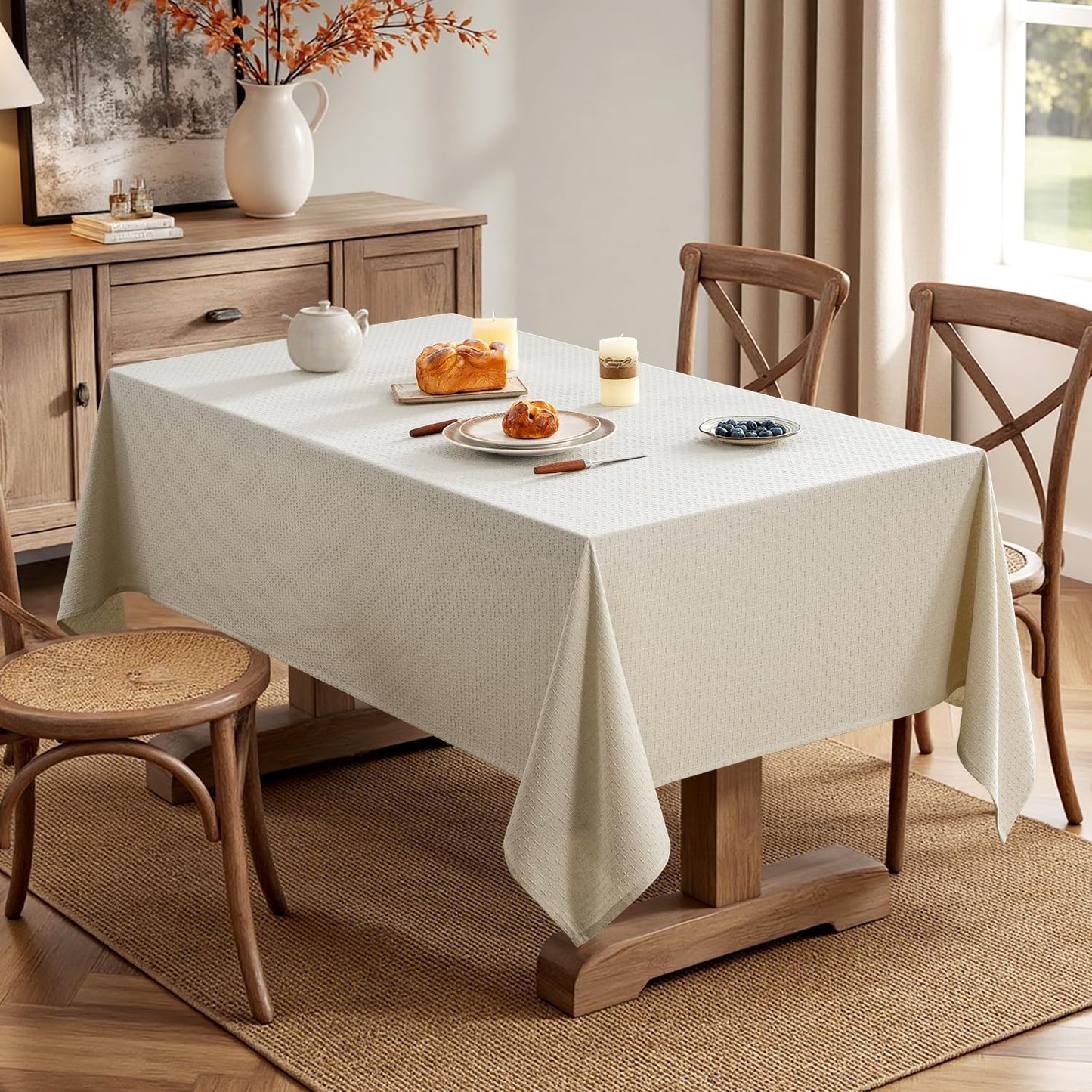 MIULEE Natural Linen Cottton Table Cloth Rectangle Tablecloth Waterproof Spillproof Cross-Star Textured Table Cltoth Decorative Farmhouse Style for Dining Party Weddings 60x84 Inch