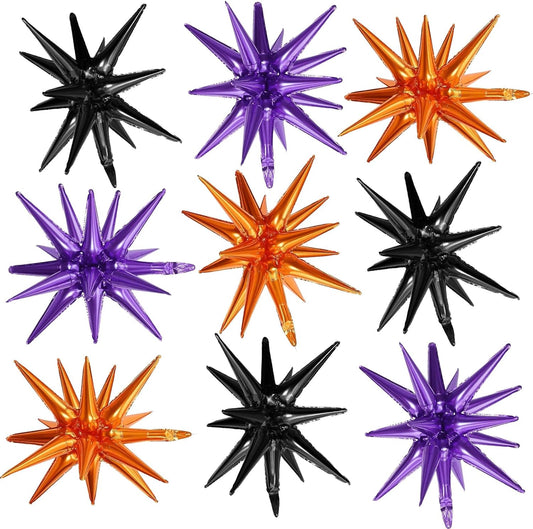 Black Purple Orange Star Balloons,9Pcs 22Inch Black Orange Purple Explosion Spike Cone Helium Polyester Film Star Foil Balloons for Halloween Birthday Baby Shower Party Decorations