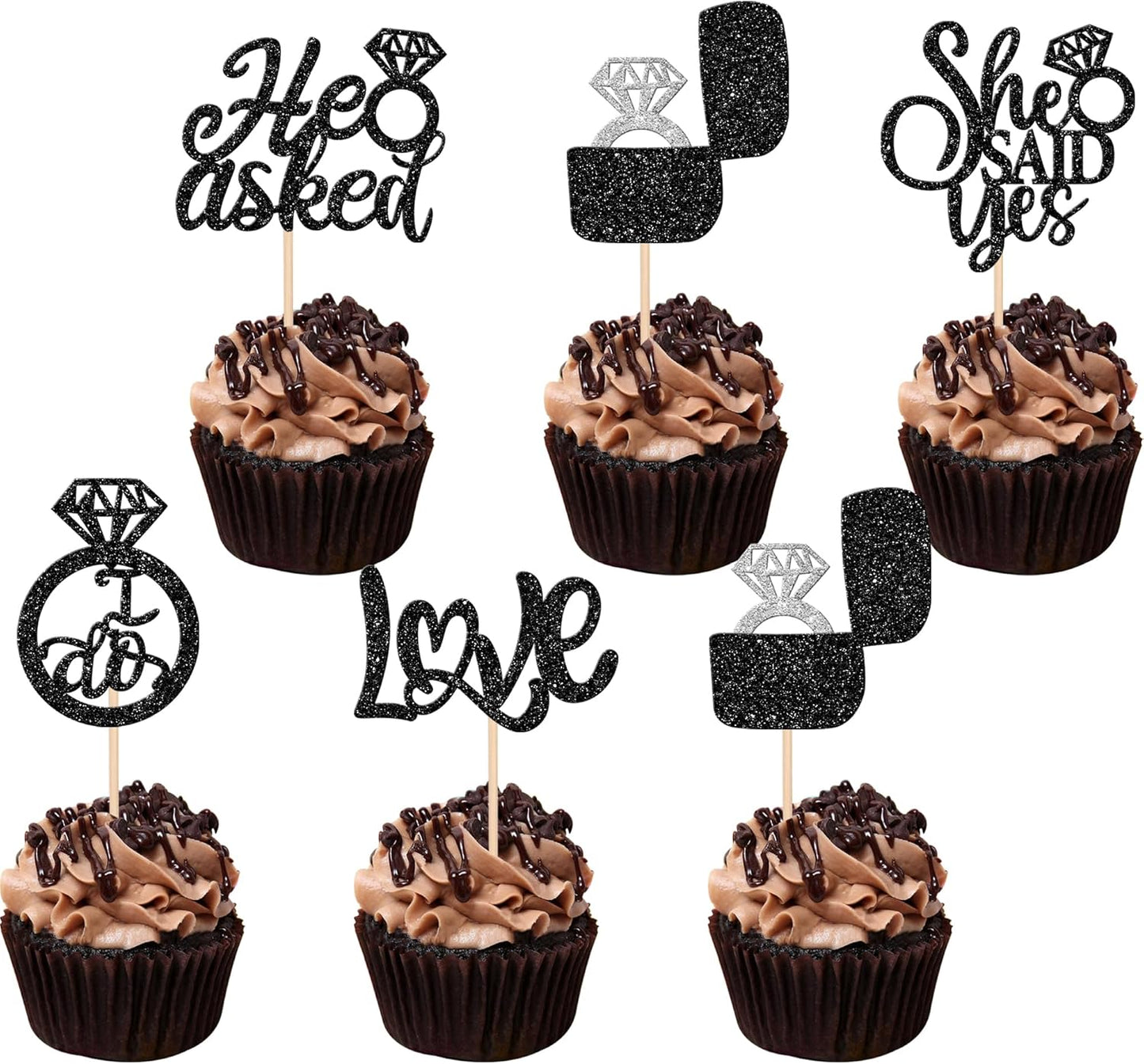 30 PCS He Asked She Said Yes Cupcake Toppers Love I Do Diamond Ring Cupcake Picks for Wedding Enaggement Bridal Shower Party Cake Decorations Supplies Black