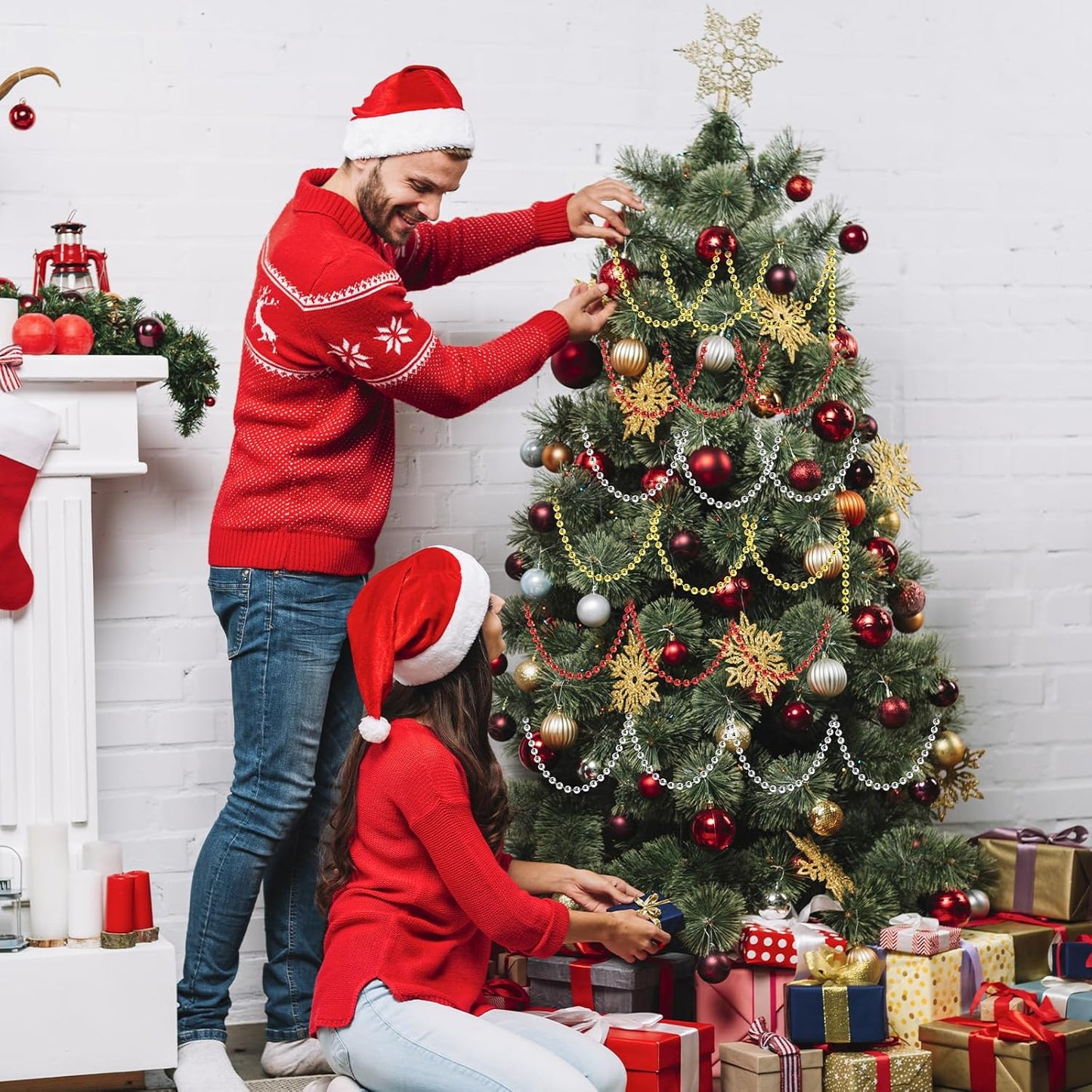 Craft String Pearls 6MM Pearl Bead, 66 Feet Gold Faux Pearl Garland Spool Roll Strand Wedding Party Decoration, Christmas Tree Decorations