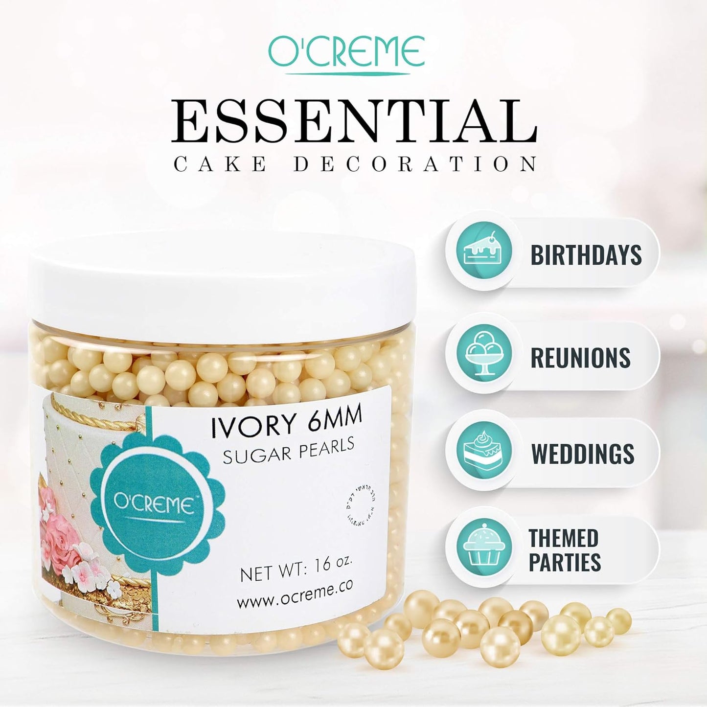 O'Creme Ivory Edible Sugar Pearls Cake Decorating Supplies for Bakers: Cookie, Cupcake & Icing Toppings, Beads Sprinkles For Baking, Certified, Candy Sugar Ball Accents (4mm, 32 Oz)