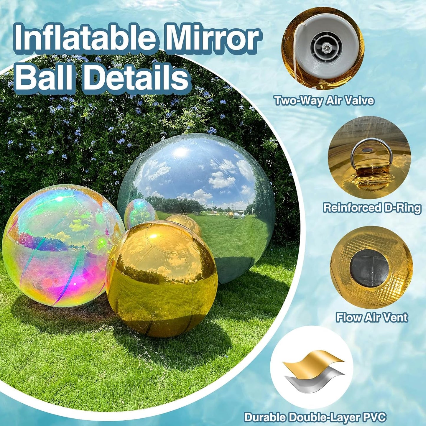Inflatable Mirror Ball, Iridescent Big Shinny Balls Reusable Large PVC Disco Ball Balloon for Large Event Decoration, Party, Wedding Decor, Concerts, Stage (1 Pcs, 0.5m/19.7in with Air Pump)