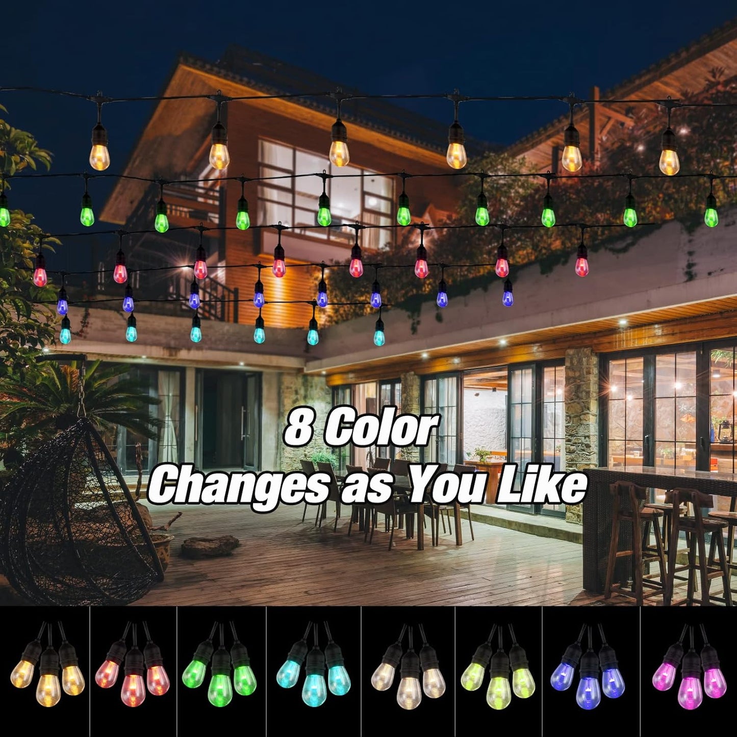 24FT Solar Outdoor String Lights, 12 Shatterproof Edison LED Bulbs, Dimmable RGB Color Changing Patio Lights Waterproof with Remote. for Patio Decor, Garden, Yard, Party, Bistro