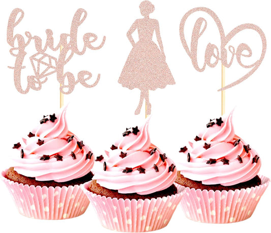 Sotpot 24PCS Bride to Be Cupcake Toppers with Heart Rose Gold Glitter Dress Bridal Shower Cupcake Picks for Wedding Bridal Shower Wedding Engagement Party Cake Decorations