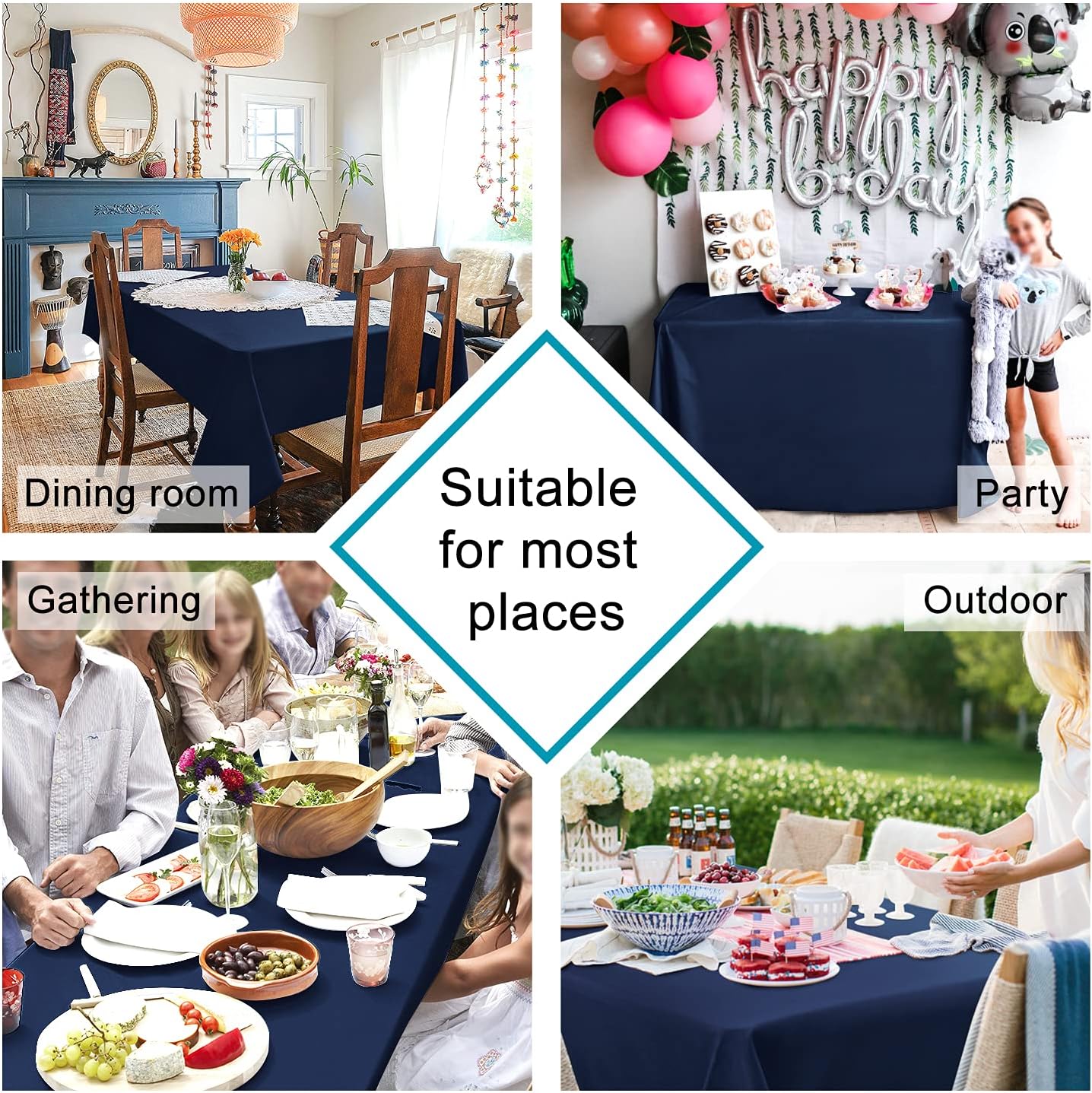 Hiasan Waterproof Tablecloth Rectangle - Washable Fabric Table Cloth for Dining Room Kitchen Birthday Party and Outdoor Use, Navy Blue, 54 x 80 Inch