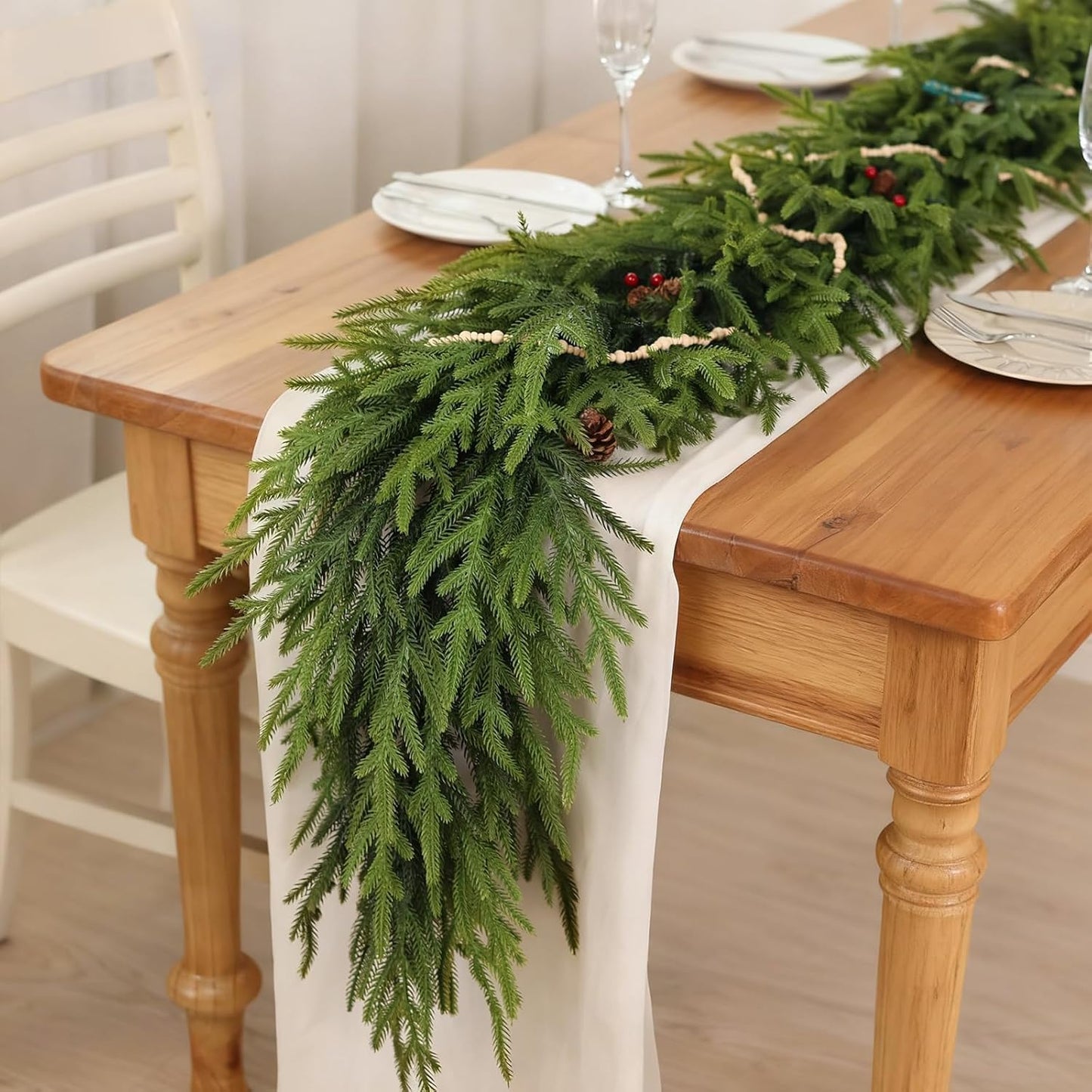 9FT Christmas Artificial Norfolk Pine Garland for Fireplace - Realistic Faux Greenery Fake Garland for Holiday,Table, Window,Mantel,Stairs, Home,Indoor Outdoor Decor (2PCS)