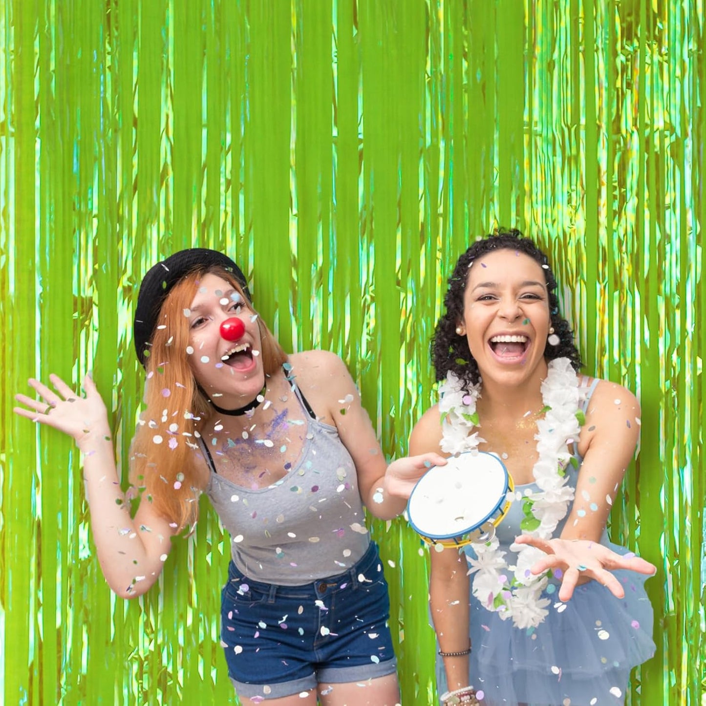 4 Pack 3.3x8.2 Feet Neon Green Foil Fringe Backdrop Curtains, Tinsel Streamers Birthday Party Decorations, Fringe Backdrop for Graduation, Baby Shower, Gender Reveal, Disco Party
