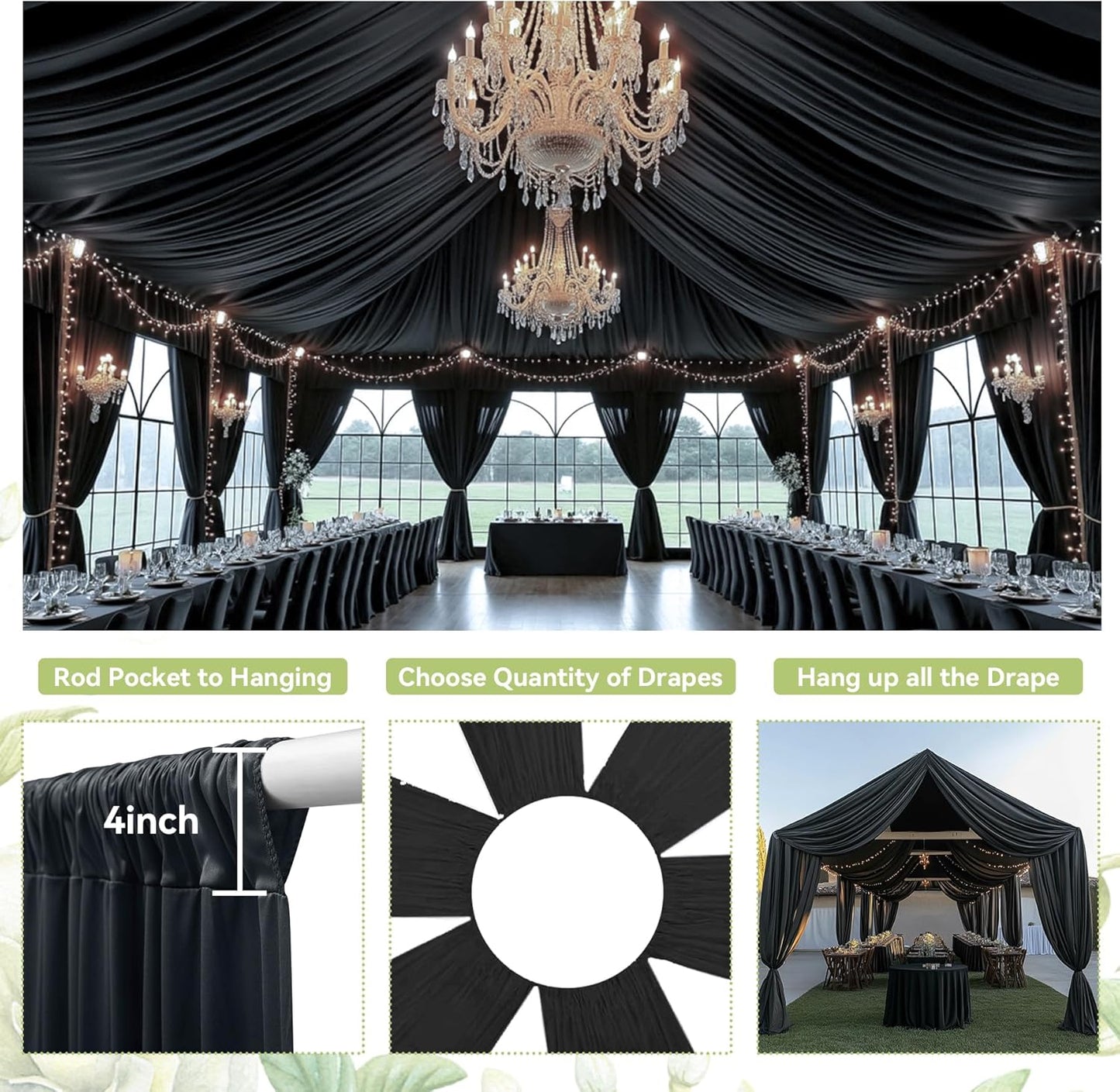 PartyVillage 2 Panels 5ftx30ft Black Ceiling Drapes for Halloween Parties – 30 FT Extra Long Thick Polyester Wrinkle-Free Drapery Tent Decor Decorations for Birthday Party Ceremony Stage Swag
