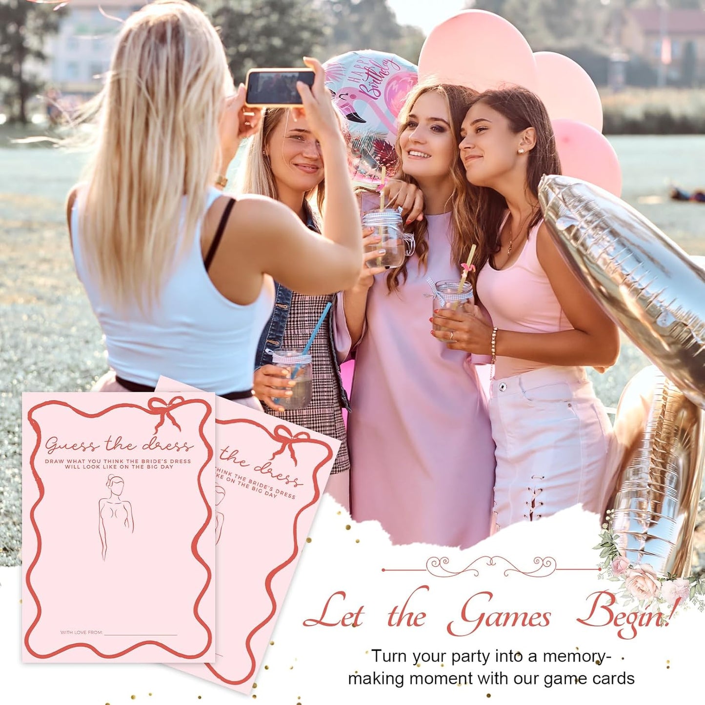 DEEKA 30 PCS Bridal Shower Games Card for 30 Guests Pink Wavy Border Ribbon Bow Funny Wedding Bachelorette Party Games for Reception (Guess The Dress)